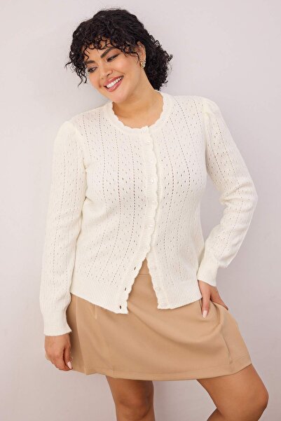 Trendyol Curve Ecru Soft Textured Perforated Openwork Knitwear Cardigan Tbbaw26Av00041