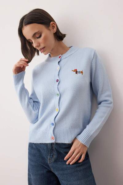 Trendyol Collection Baby Blue Crew Neck Soft Textured Dog Embroidered Knitwear Cardigan Twoaw26Hi00274