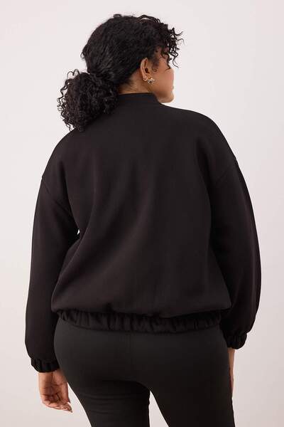 Trendyol Curve Hanorac negru cu guler bomber, oversize/fit mare, cu fermoar în față, mărime mare, TBBAW26AO00038