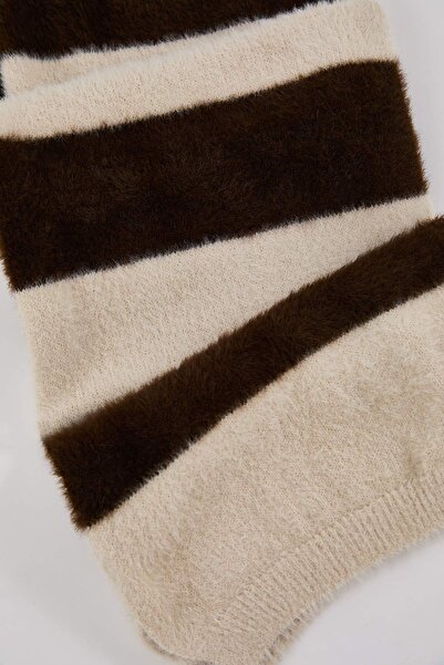 Trendyol Collection Soft Textured Trendy Ecru-Brown Color Block Knitwear Scarf
