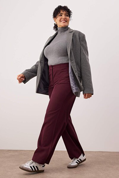Trendyol Curve Premium Burgundy Wide Leg Plus Size Pants Tbbaw26Ar00024