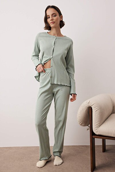 Trendyol Collection Green Plain Ribbed Knit Knitted Pajamas Set Thmaw26Pt00219