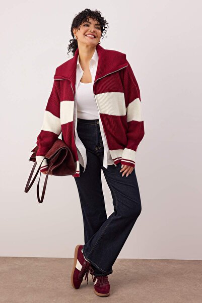 Trendyol Curve Burgundy Striped Turn-Down Collar Zippered Knitwear Cardigan Tbbaw25Av00009