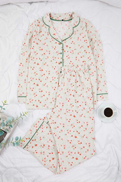 Trendyol Curve Mint 100% Cotton Floral Piping Knitted Pajama Set Tbbaw26Ai00007