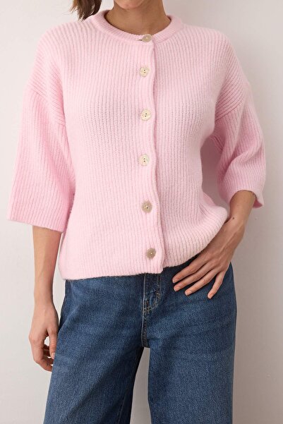 Trendyol Collection Wardrobe Essentials Pink Soft Textured Loose Fit Short Sleeve Basic Knit Cardigan |   Twoaw26Hi00251