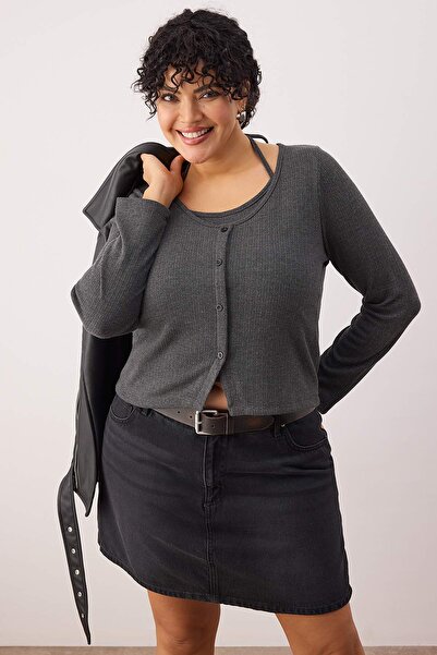 Trendyol Curve Anthracite Melange 2-pack Πλεκτή μπλούζα με κουμπιά μπροστά, μεγάλου μεγέθους TBBAW26AF00085
