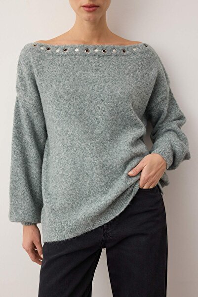 Trendyol Collection Mint-Grey Boat Neck Wool Soft Textured Eyelet Detail Knitwear Sweater Twoaw26Kz00273
