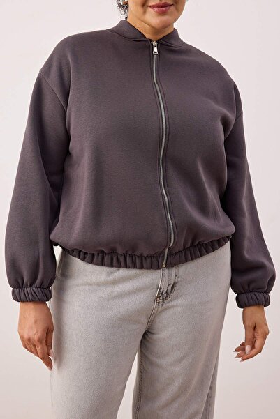 Trendyol Curve Anthracite Bomber Collar Oversize/Wide Fit Front Zipper Plus Size Sweatshirt Tbbaw26Ao00038