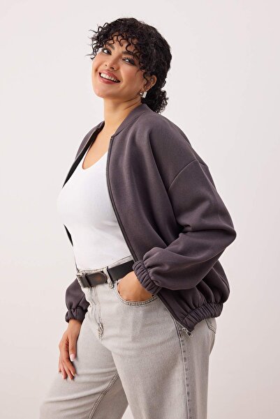 Trendyol Curve Anthracite Bomber Collar Oversize/Wide Fit Front Zipper Plus Size Sweatshirt Tbbaw26Ao00038