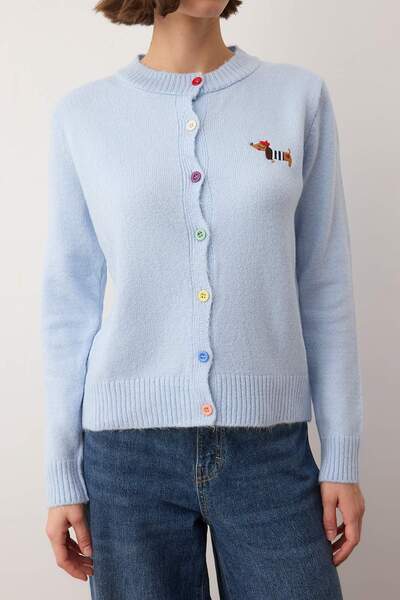 Trendyol Collection Baby Blue Crew Neck Soft Textured Dog Embroidered Knitwear Cardigan Twoaw26Hi00274