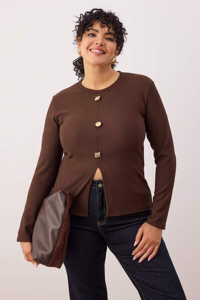 Trendyol Curve Μπλούζα με μακρύ μανίκι με κουμπιά καφέ αξεσουάρ TBBAW26AF00078