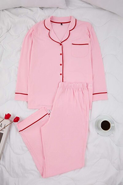 Trendyol Curve Pink Piping Detailed Shirt Collar Knitted Pajama Set Tbbaw26Ai00032