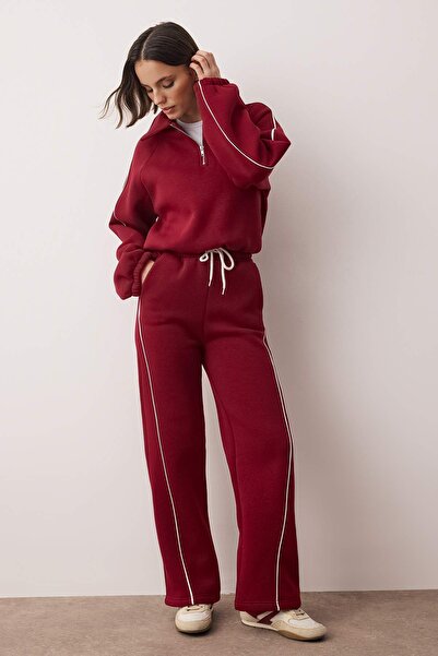 Trendyol Collection Σετ φόρμας με φαρδύ πόδι/πλεκτό φόρμα με φαρδύ πόδι σε μπορντό χρώμα TWOAW26EM00017