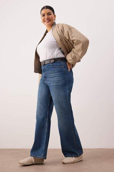 Trendyol Curve Modré džíny s vysokým pasem a širokými nohavicemi velké velikosti TBBSS24CJ00028