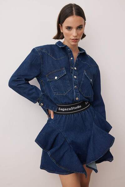 Trendyol Collection X Sagaza Studio kék A-vonalú inggalléros farmer rövid ruha TPRAW22EL1989