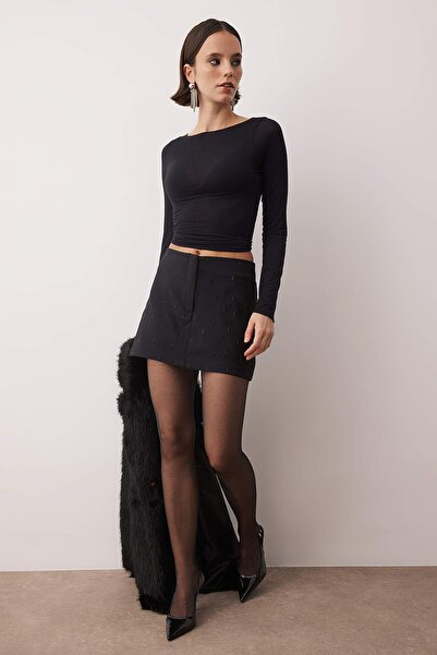 Trendyol Collection Black Low Waist Stone Printed Woven Skirt-Looking Shorts & Bermuda Tpraw26Sr00002