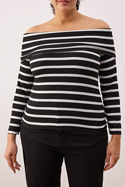 Trendyol Curve Black Striped Carmen Collar Bodycon Cropped Length Knitted Plus Size Blouse Tbbaw26Af00111