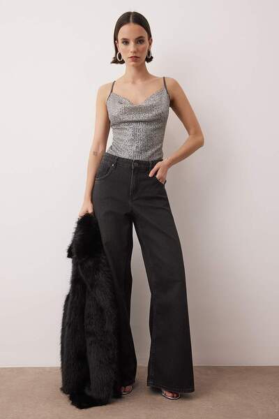 Trendyol Collection Anthracite Degaje Collar Strap Knitted Sequin Snap Fastener Bodysuit Tpraw26Bd00030
