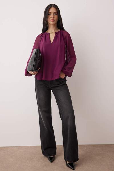 Trendyol Collection Purple Accessory Detailed Chiffon Woven Blouse Twoaw26Bz00300