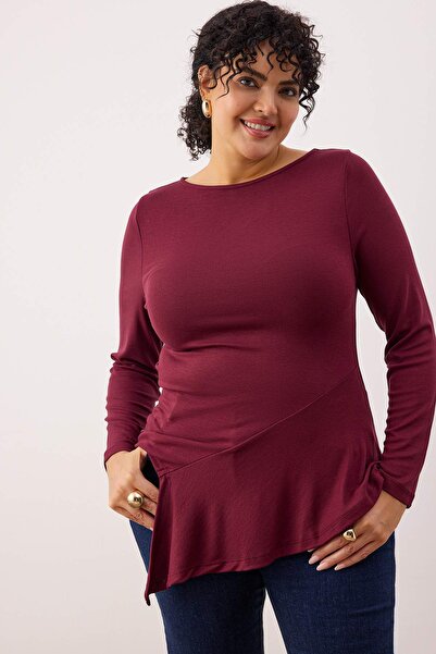Trendyol Curve Μπλούζα με ασύμμετρη ελαστική πλεκτή μπλούζα με μπορντό βισκόζη/μαλακό ύφασμα TBBAW26AF00014