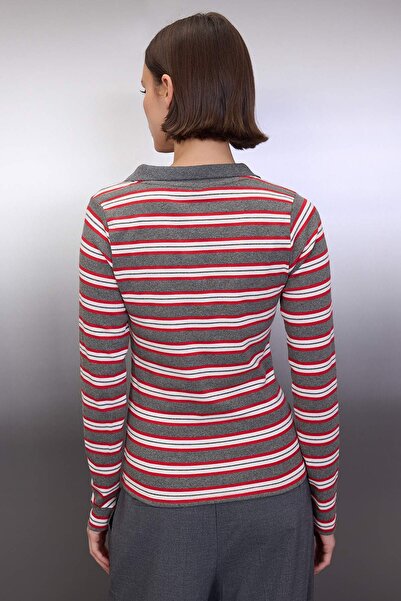 Trendyol Collection Anthracite Striped Polo Neck Fitted/Bodycon Knitted Blouse Twoaw26Bz00034