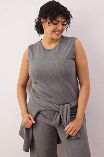 Trendyol Curve Anthracite 3-Piece Soft Knitted Plus Size Bottom - Top Set Tbbaw26Cp00014