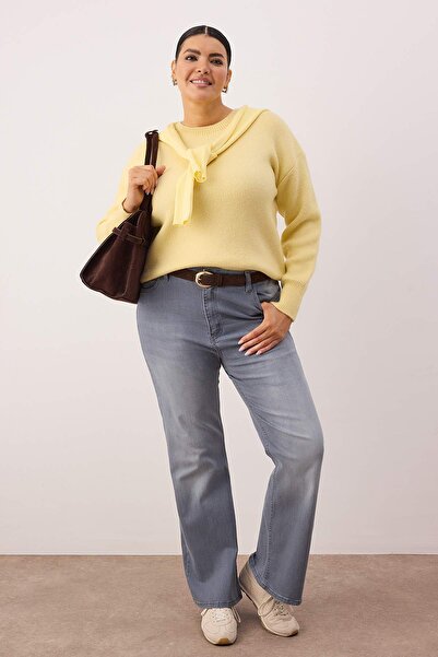 Trendyol Curve Gray High Waist Stretch Fabric Spanish Leg Flare Fit Plus Size Jeans Tbbaw23Je00001