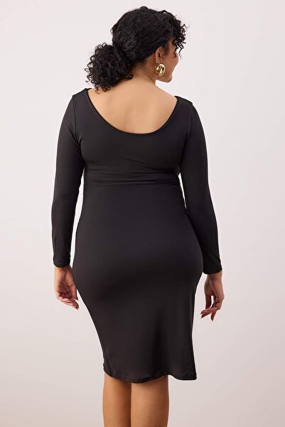Trendyol Curve Μαύρο φόρεμα με λαιμόκοψη με κορδόνι Sandy Mini πλεκτό φόρεμα μεγάλου μεγέθους TBBAW26AH00092