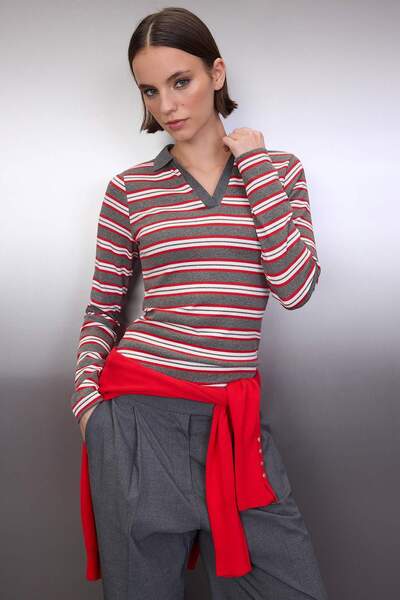 Trendyol Collection Anthracite Striped Polo Neck Fitted/Bodycon Knitted Blouse Twoaw26Bz00034