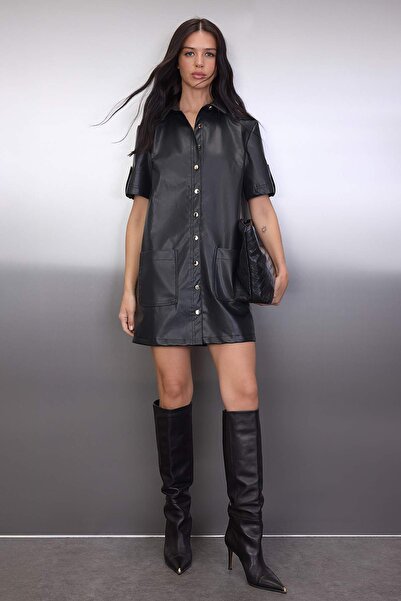 Trendyol Collection Black Plain Buttoned Short / Mini Woven Dress Twoaw26El00351