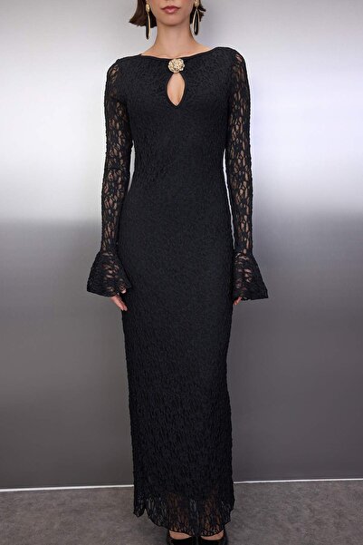 Trendyol Collection Black Plain Accessory Detailed Lace Maxi Lined Stylish/Evening Dress Tpraw26El00088