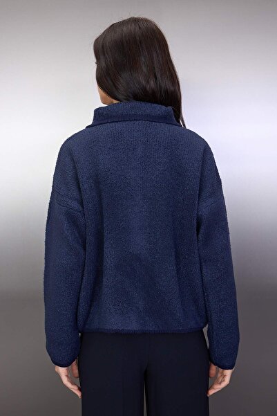 Trendyol Collection Navy Blue Wide Fit Polo Neck Boucle Knitwear Cardigan Twoaw24Hi00177