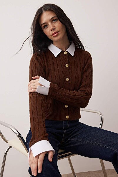 Trendyol Collection Brown Combined Hair Knitwear Cardigan Twoaw26Hi00260