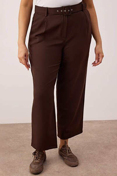 Trendyol Curve Brown High Waist Belted Woven Plus Size Pants Tbbaw26Ar00020
