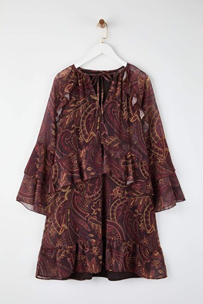 Trendyol Curve Multi-Colored Shawl Pattern Yoryo Chiffon Woven Plus Size Dress Tbbaw26Ah00078