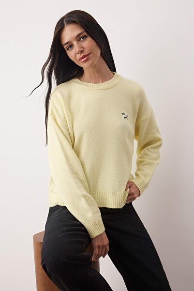 Trendyol Collection Yellow Soft Textured Dog Embroidered Crew Neck Knitwear Sweater Twoaw26Kz00257