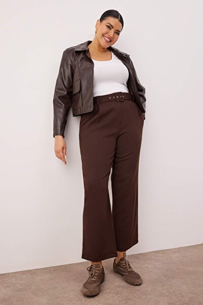 Trendyol Curve Brown High Waist Belted Woven Plus Size Pants Tbbaw26Ar00020
