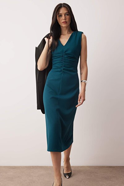 Trendyol Collection Duck Head Green Straight Body Wrap Midi Woven Dress Twoaw26El00285