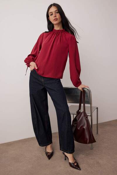 Trendyol Collection Special Collection Red Balloon Sleeve Stand Collar Modal Woven Blouse Twoaw26Bz00145