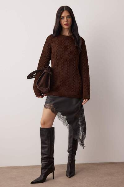 Trendyol Collection Brown Soft Textured Wide Fit Knitwear Sweater Twoaw26Kz00135