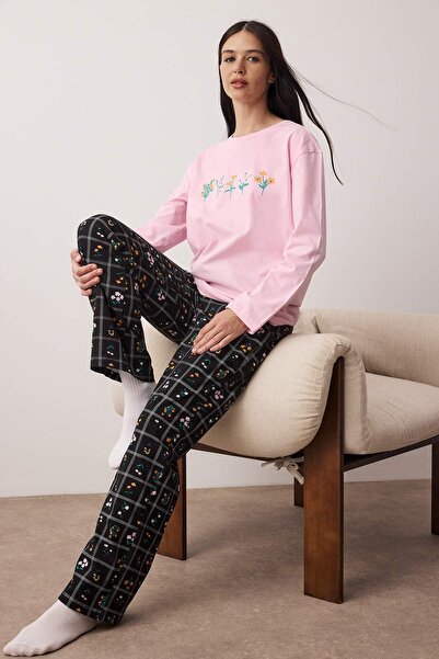 Trendyol Collection Pink 100% Cotton Floral Knitted Pajamas Set Thmaw26Pt00053