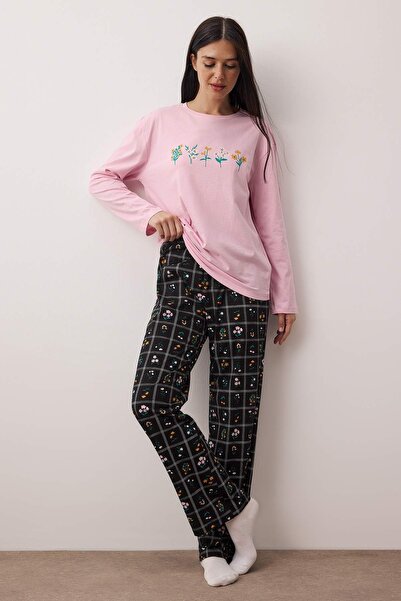 Trendyol Collection Pink 100% Cotton Floral Knitted Pajamas Set Thmaw26Pt00053