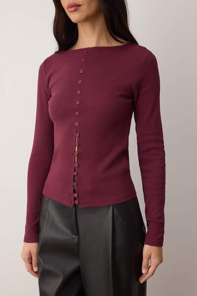 Trendyol Collection Plum Button Detailed Crew Neck Ribbed Stretchy Regular Length Knitted Blouse Twoaw25Bz00030