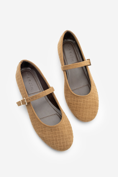 Marjin Women's Patterned Strappy Casual Flats Afira Tan Suede