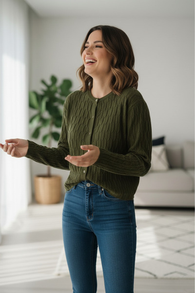 Safgiyim44 Long Sleeve Buttoned Front Knitwear Cardigan Khaki