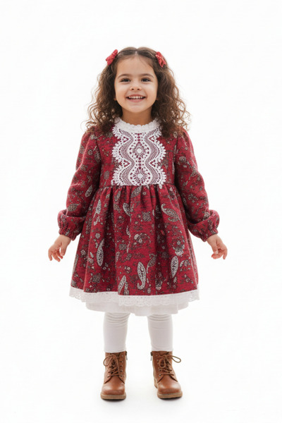 Bertuğ Bebek Lace Detailed Paisley Patterned Claret Red Baby Girl Design Dress