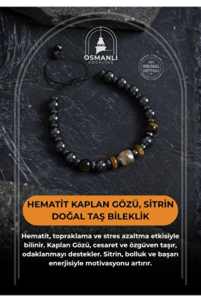 OSMANLI DOĞAL TAŞ Certified Hematite Tiger Eye and Citrine Bracelet