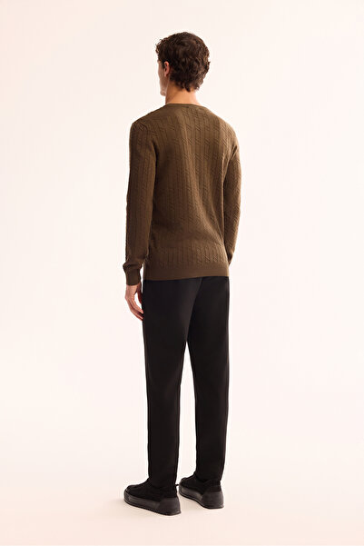 Avva Men's Khaki Crew Neck 100% Acrylic Textured Knitwear Regular Fit Sweater E005088