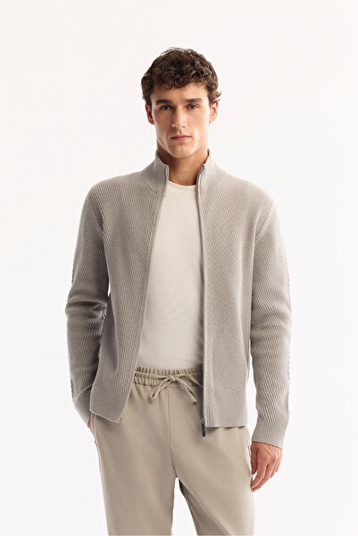 Avva Men's Gray Stand Collar Zippered Cotton Soft Touch Textured Regular Fit Cardigan A52Y5181