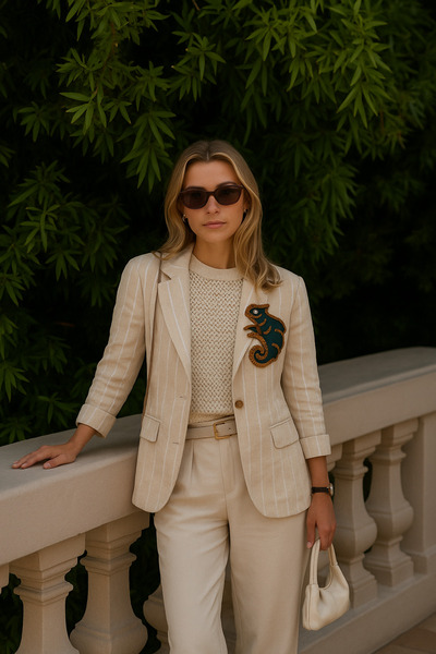 GZ Design Deri Üzeri Boncuk İşlemeli Bukalemun Figürlü Beyaz Çizgili Krem Ket...